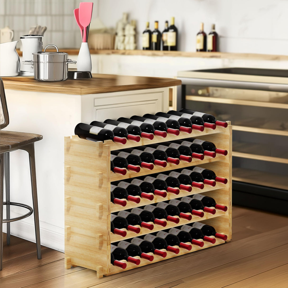 Finnhomy Wine Rack 45-Bottle 5-Tier Natural Bamboo Display Wine Storage Shelves Stackable Wine Bottle Holder Finnhomy