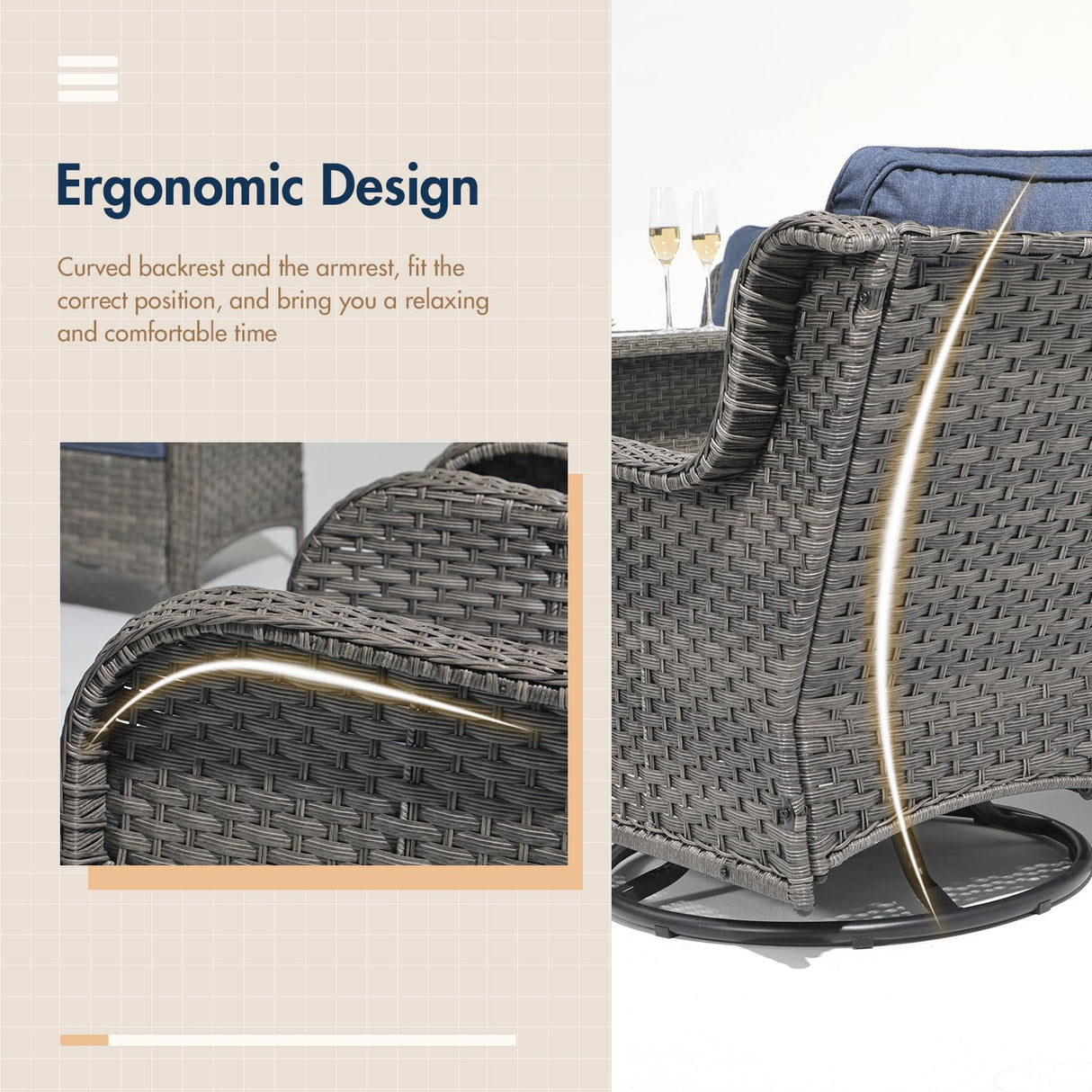 SUNSITT Outdoor Furniture Set with Fire Pit Table Wicker Patio Conversation Set 7-Piece Patio Sectional Furniture Set with Gas Firepit with Swivel Patio Chair Grey Wicker & Denim Blue Cushion SUNSITT