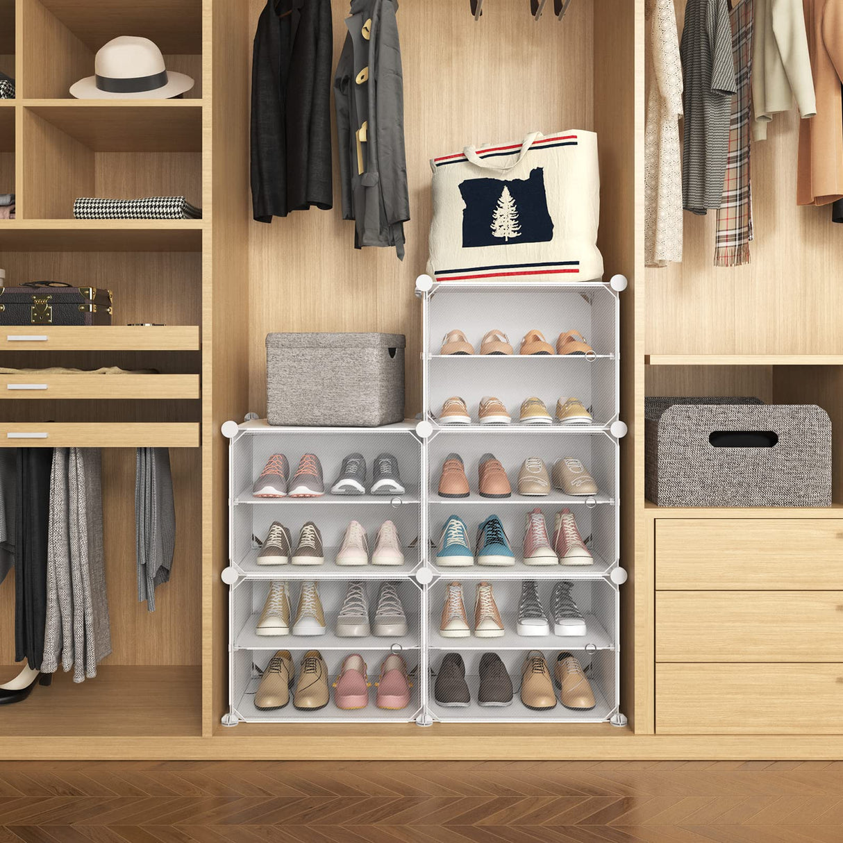 LANTEFUL 10 Tiers Tall Shoe Rack 20 Pair Shoe Organizer Narrow Shoe Rack with Door Portable Shoe Storage Cabinet with Hooks Sturdy Plastic White Shoe Shelf for Entryway and Bedroom LANTEFUL