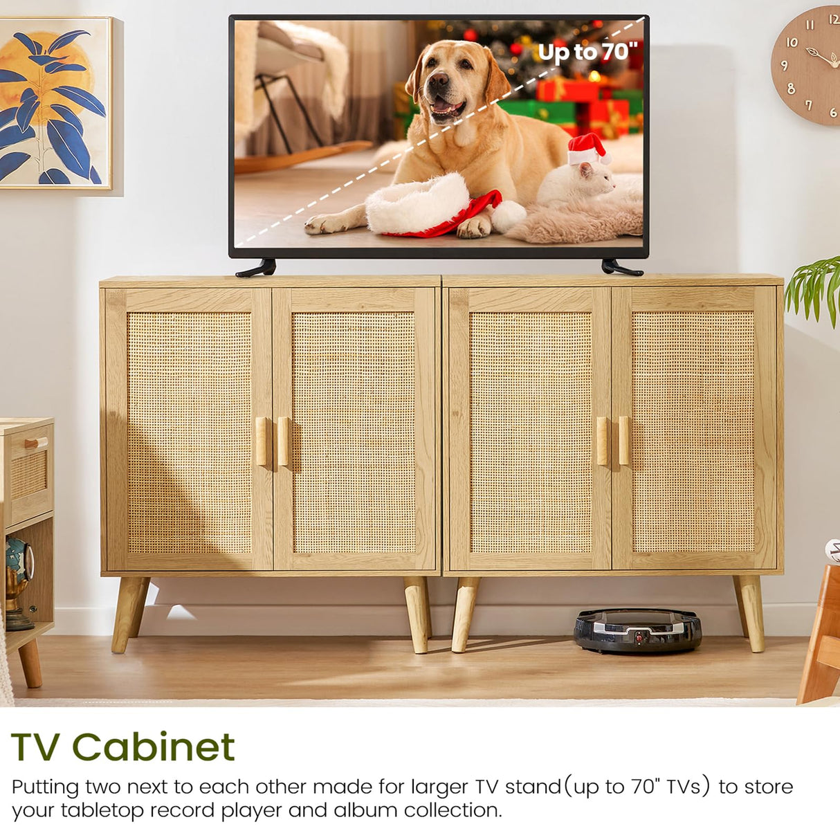 Iwell Storage Cabinet, Rattan Cabinet with Adjustable Shelf & Doors, Buffet Cabinet with Storage, Accent Cabinet for Living Room, Kitchen, Entryway, Natural Iwell