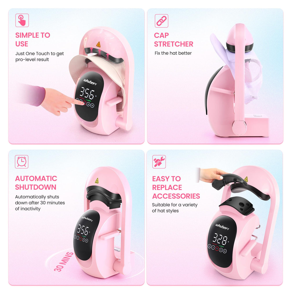 Whubefy Auto Hat Press Heat Machine for Caps, Hat Heat Transfer 3-in-1 Cap Heat Press with 3 Pcs Plates (70/80/90mm), Pink Touchscreen Hat Press Machine with 5 DTF, 1 Hat, for All Hat Shapes Whubefy