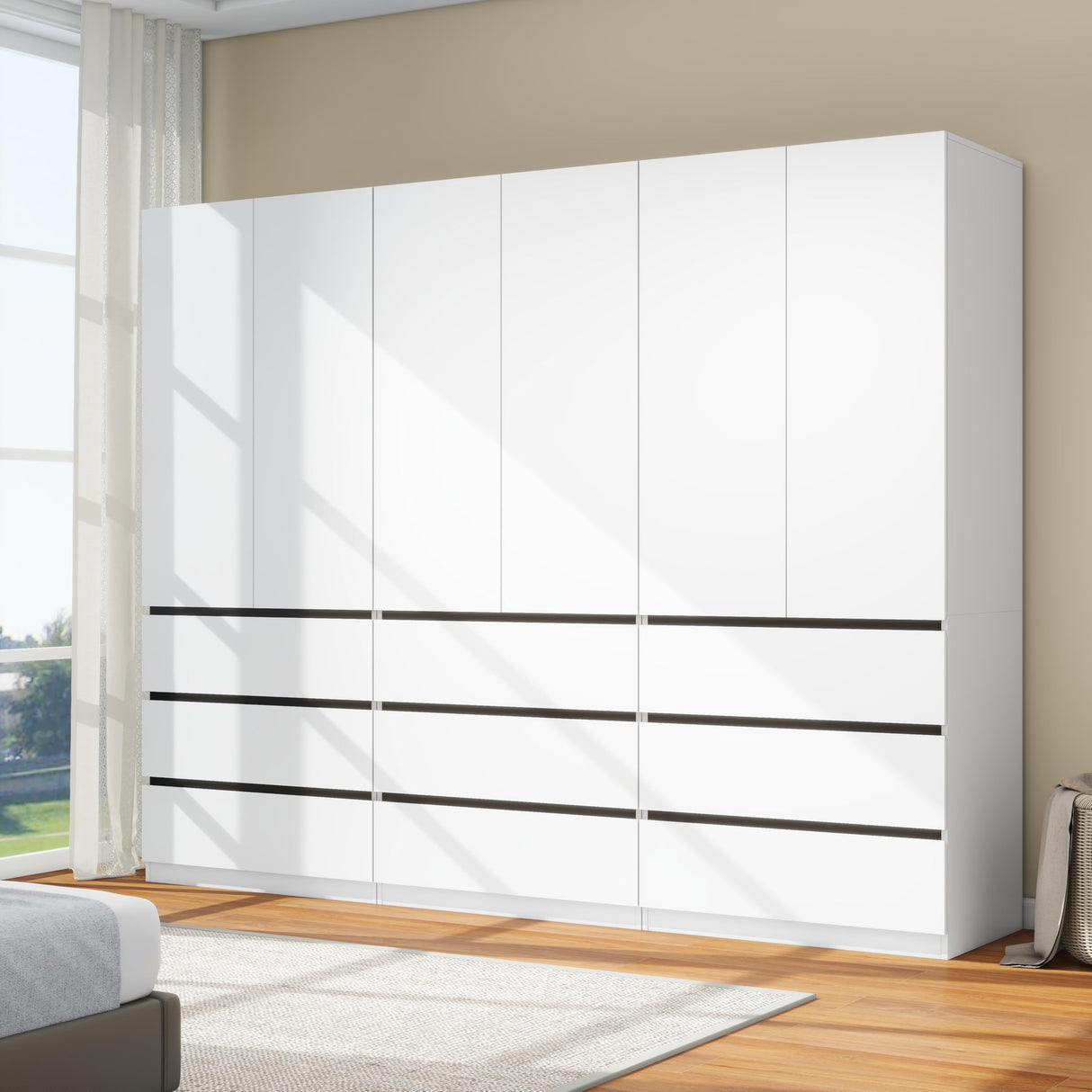 LABROSKIA Bedroom Armoire Wardrobe Closet with 9 Drawers: White Wardrobe Closet with 6 Doors, Modern Cabinet for Clothes with Shelves, Wooden Armoire for Hanging Clothes (Modern, 3) LABROSKIA
