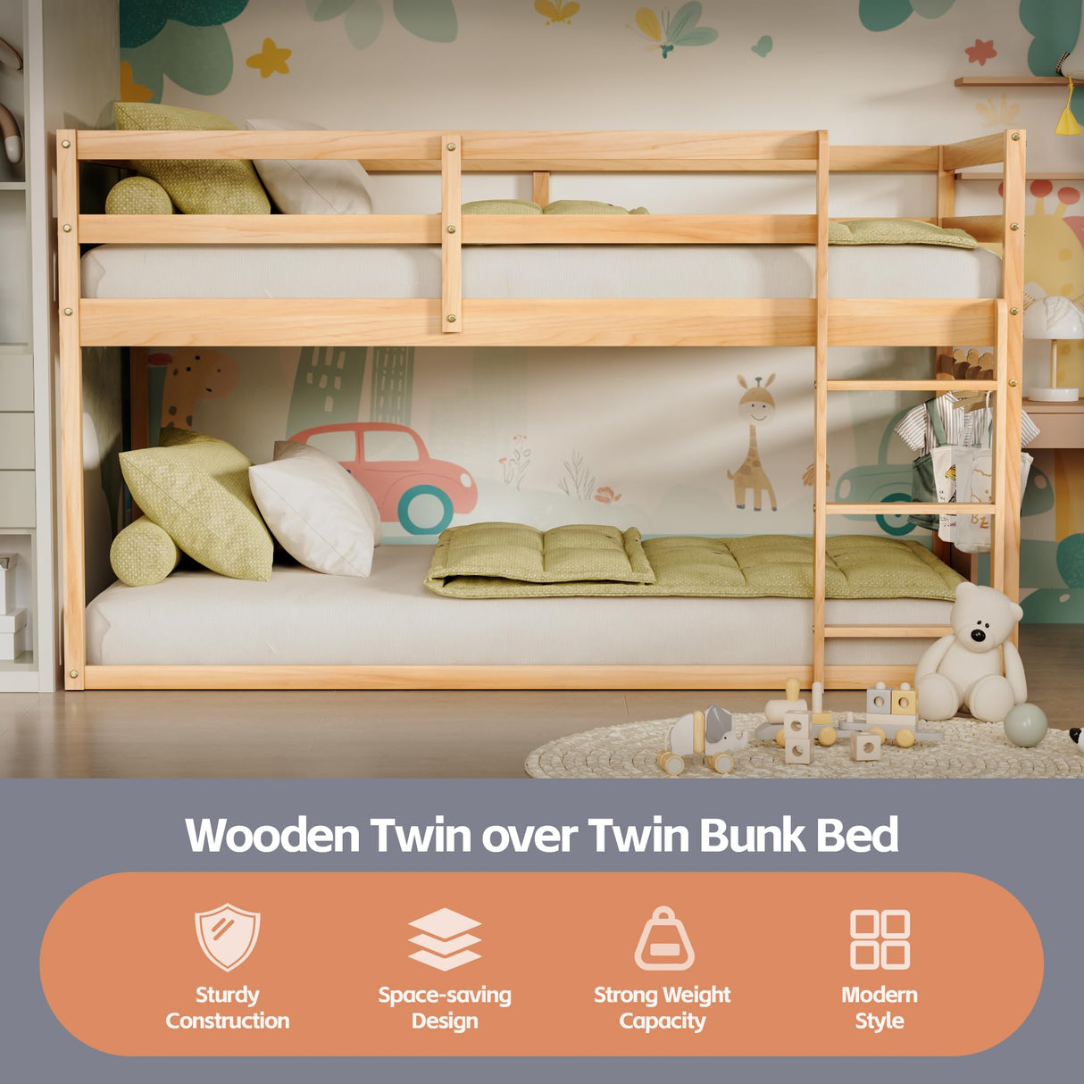 TOLEAD Low Bunk Bed Twin Over Twin, Floor Bunk Bed with Ladder, Twin Bunk Bed with Full Guardrails, Wooden Bunk Bed for Juniors, Boys, Girls, Kids, Bedrooms (Natural) TOLEAD