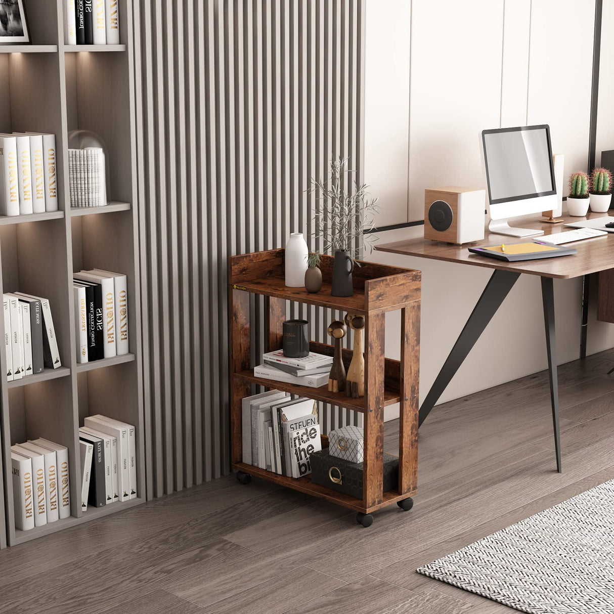 ALISENED 3 Tier Nightstand with Wheels, Wood Small Bookshelf and Bookcase, Farmhouse Bedside End Table with Storage Rack for Bedroom, Library, Living Room, Home, Office Cart, Rustic ALISENED