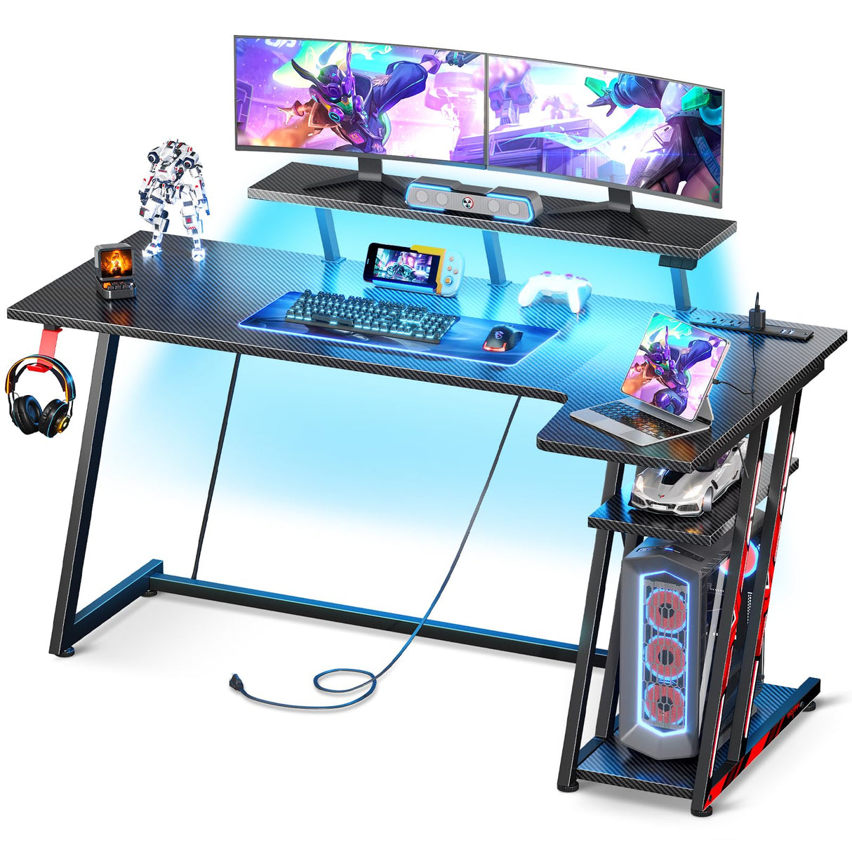 MOTPK Gaming Desk with LED Lights & Power Outlets, 55 Inch L Shaped Gaming Computer Desk with Storage Shelf, Gamer Desk with Monitor Stand, PC Gaming Table with Carbon Fiber Texture, Black MOTPK