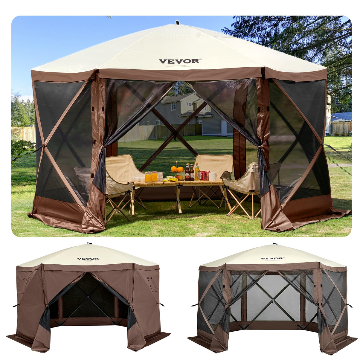 VEVOR 12 * 12ft 6 Sided Pop-up Canopy Shelter Tent with Mesh Windows, Portable Carry Bag, Stakes, Large Shade Tents for Outdoor Camping, Lawn and Backyard, Brown/Beige VEVOR