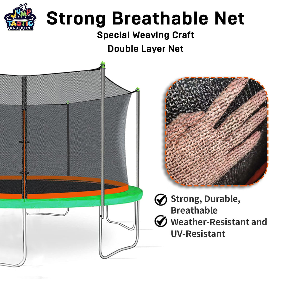 14Ft Trampoline Net Replacement with 6 Enclosure Pole Caps, Trampoline Replacement Enclosure Net Round Safty UV-Resistant Weather-Resitant Breathable Durable(Not Include Poles) Jump Tastic Trampoline