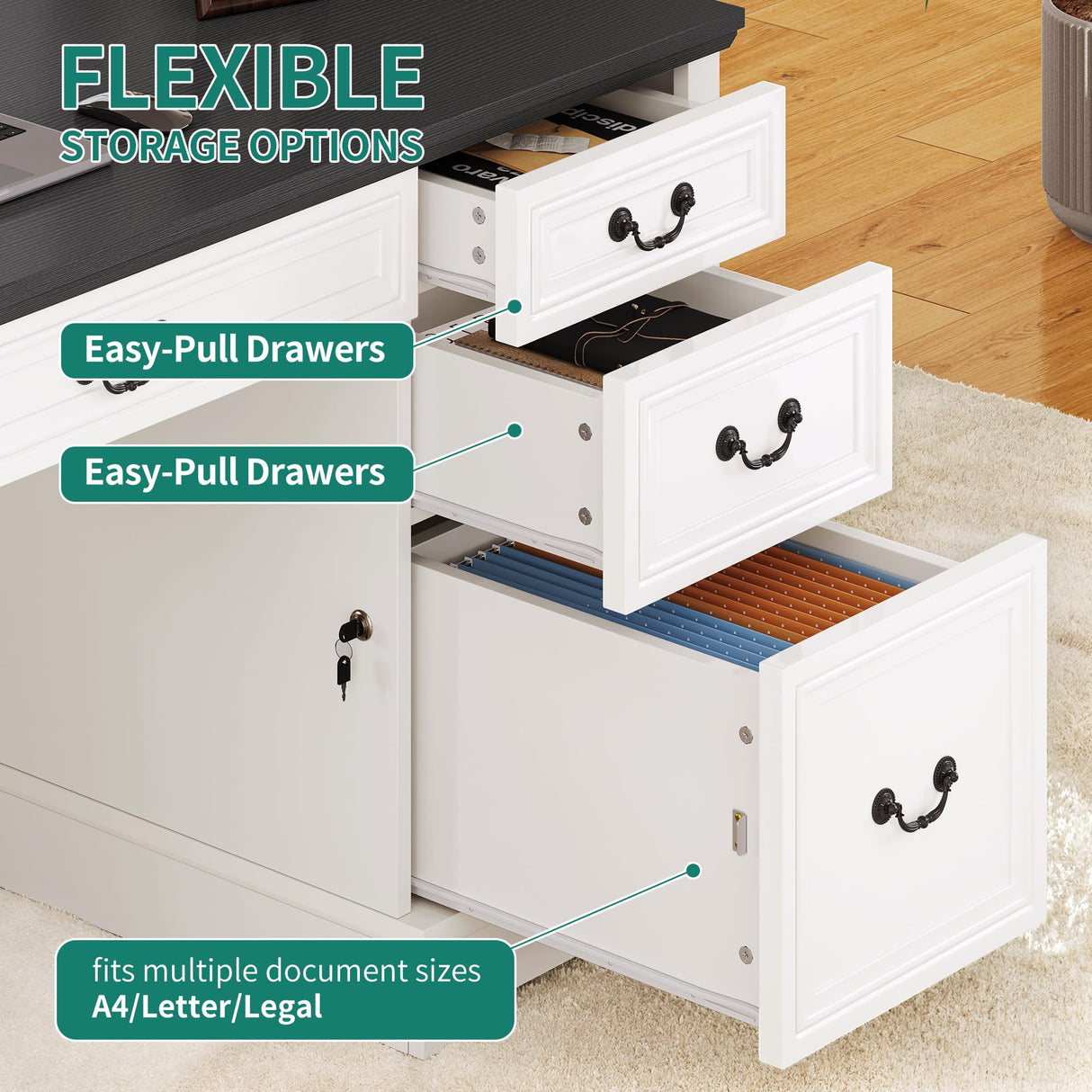 YITAHOME Executive Desk with Power Outlets, 59" Farmhouse Computer Desk with Drawers, Wood Office Desk with Storage Cabinet, Keyboard Tray, Workstation for Home Office, Black & Off White YITAHOME