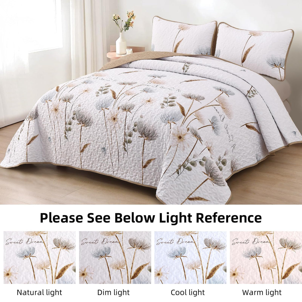 Dinjoy Floral Quilt Set Queen,Beige/Khaki Bedspread Queen Size 3 Pieces Lightweight Fall Quilts Microfiber Farmhouse Bedding Set Soft Flower Bedspreads White Coverlet Sets for All Seasons Dinjoy