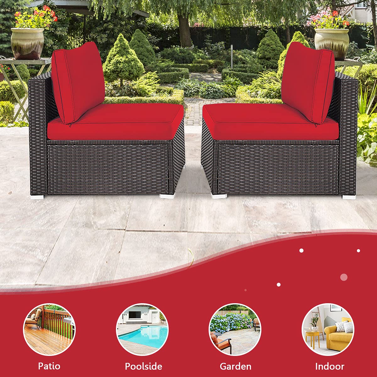 DORTALA 2 Piece Wicker Sectional Armless Chairs, Outdoor Rattan Sectional Sofa Set w/Cushions for Seat and Back, Additional Seats for Garden Balcony Patio Poolside, Red DORTALA