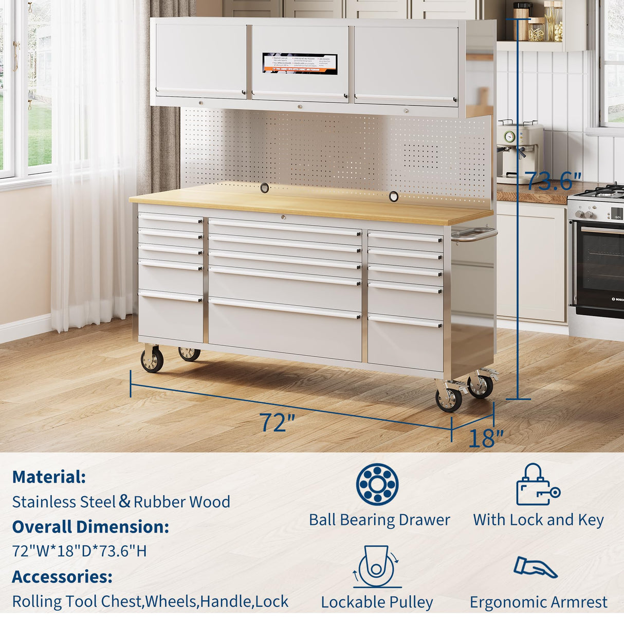 72 Inch Tool Chest, Tool Cabinet with 15 Drawers, Mobile Storage Cabinet with Locking System, Stainless Steel Material and Sturdy Structure, High Capacity for Home Workshop Kitchen and Garage. GAOMON