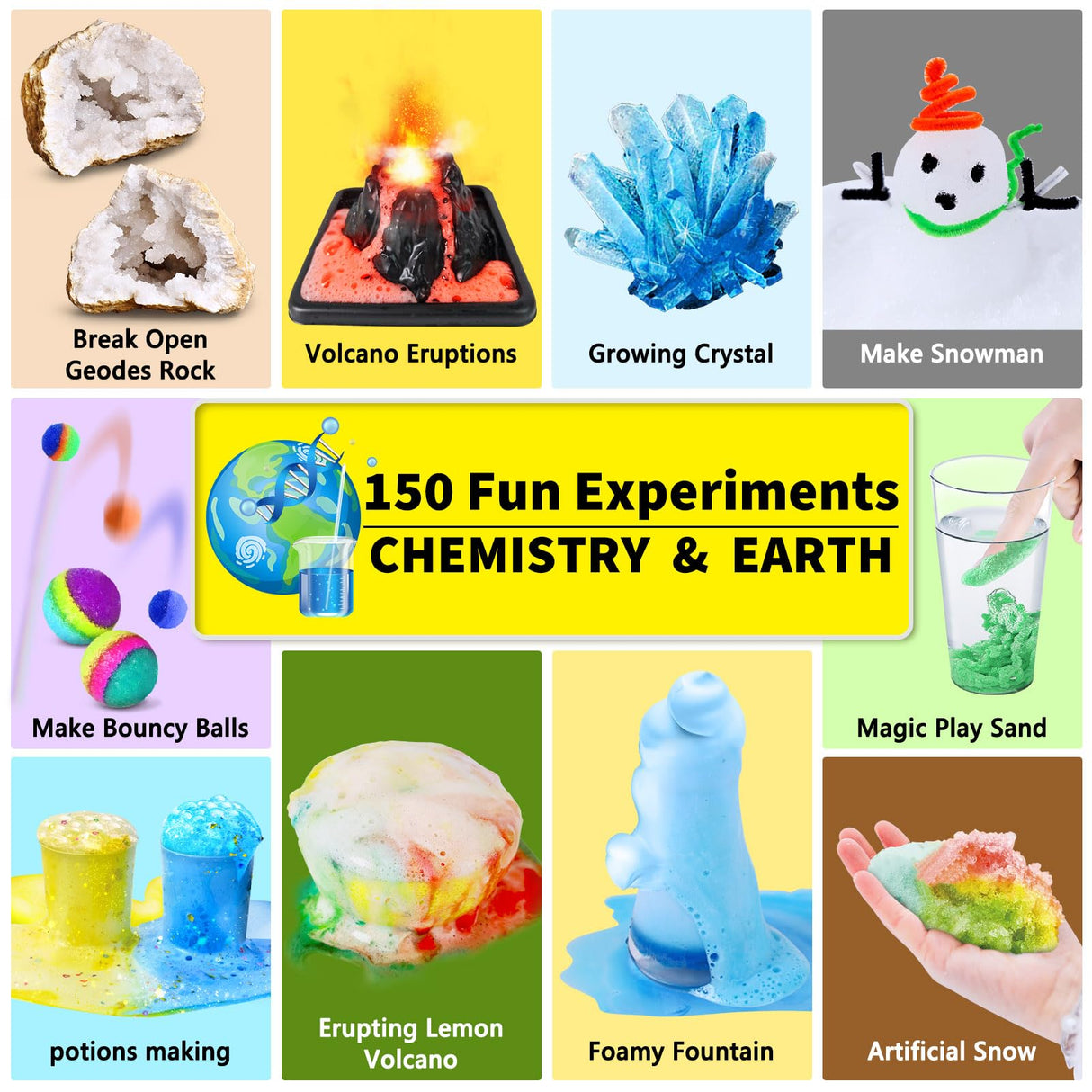 UNGLINGA 150 Experiments Science Kits for Kids Boys Girls, S.T.E.M Kit Toys Gifts Ideas Birthday Christmas, Chemistry Break Geodes, Volcano, Physics Educational Activities Project UNGLINGA