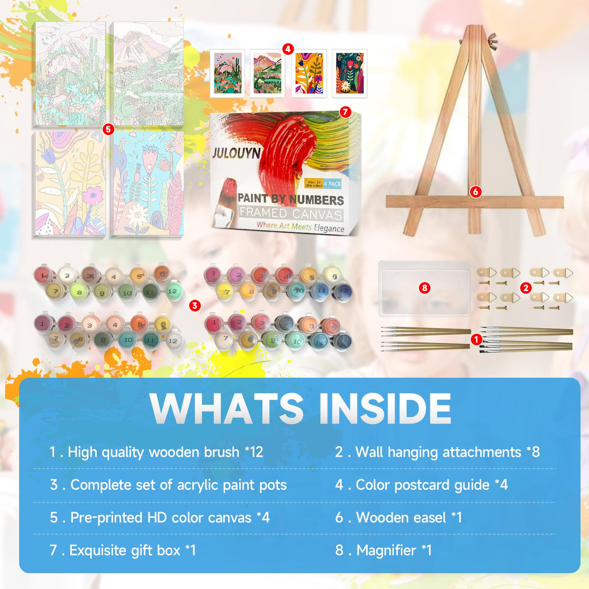 JULOUYN 4 Pack Paint by Numbers Kit for Adults with Framed, Landscape Easy Flowers Paint by Number Kits On Canvas with Wooden Easel, Painting by Numbers for Beginner Gift Home Decor 8x12 in JULOUYN