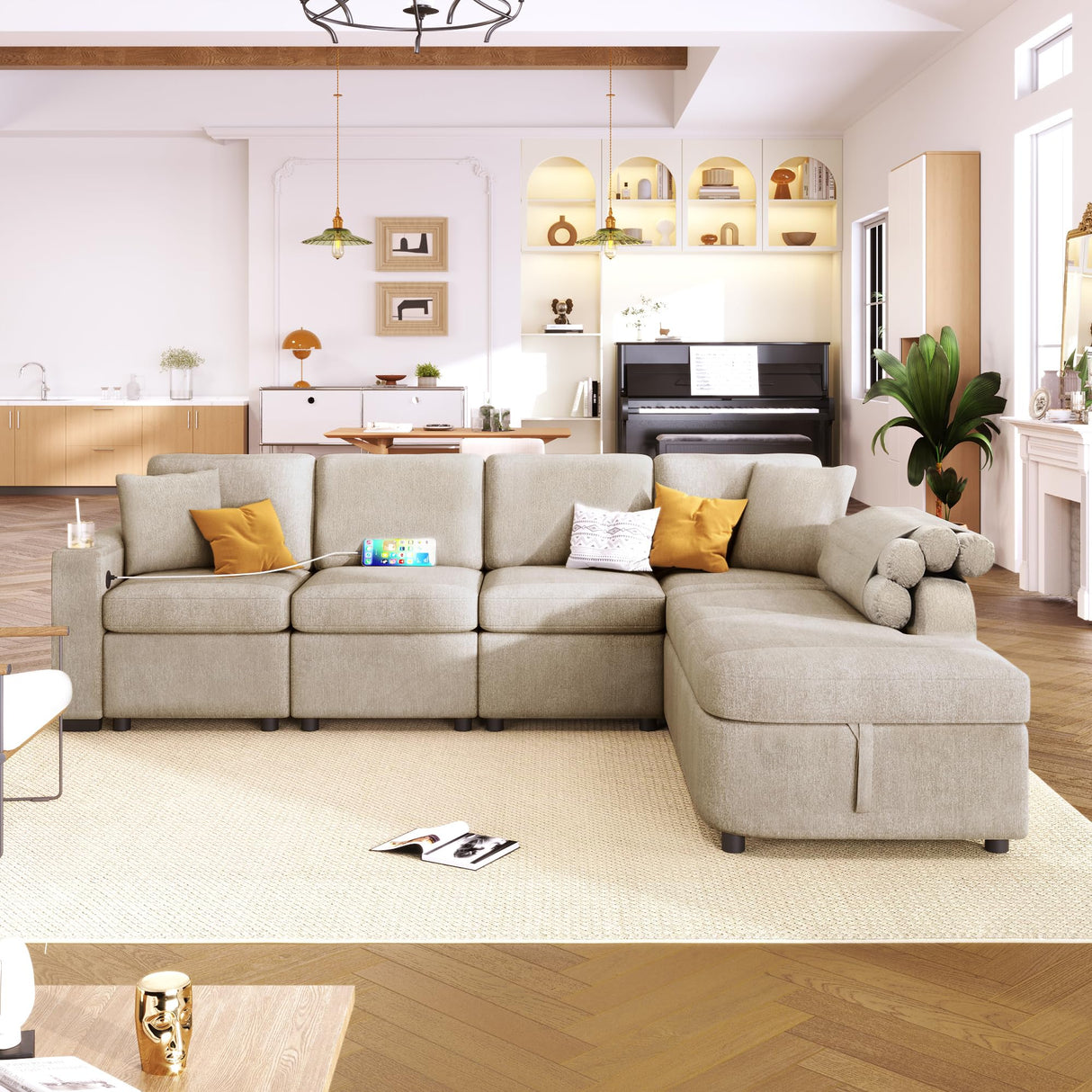 Merax Modern 109.8" L-Shaped Couch Sectional Sofa with Storage Chaise,Cup Holder and USB Ports for Living Room Beige Merax