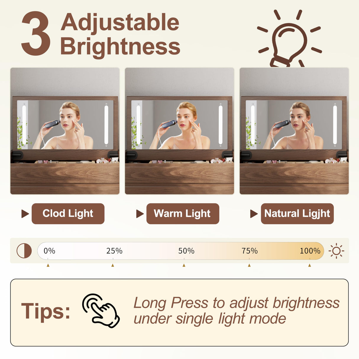 AQIMUELE Wood Vanity Desk with Mirror and Lights, Dressing Vanity Table Vanity Set 4 Drawers, 40 Inch Large Make Up Vanity Table Wooden with 3 Lighting Modes for Bedroom Walnut(with Adapter) AQIMUELE