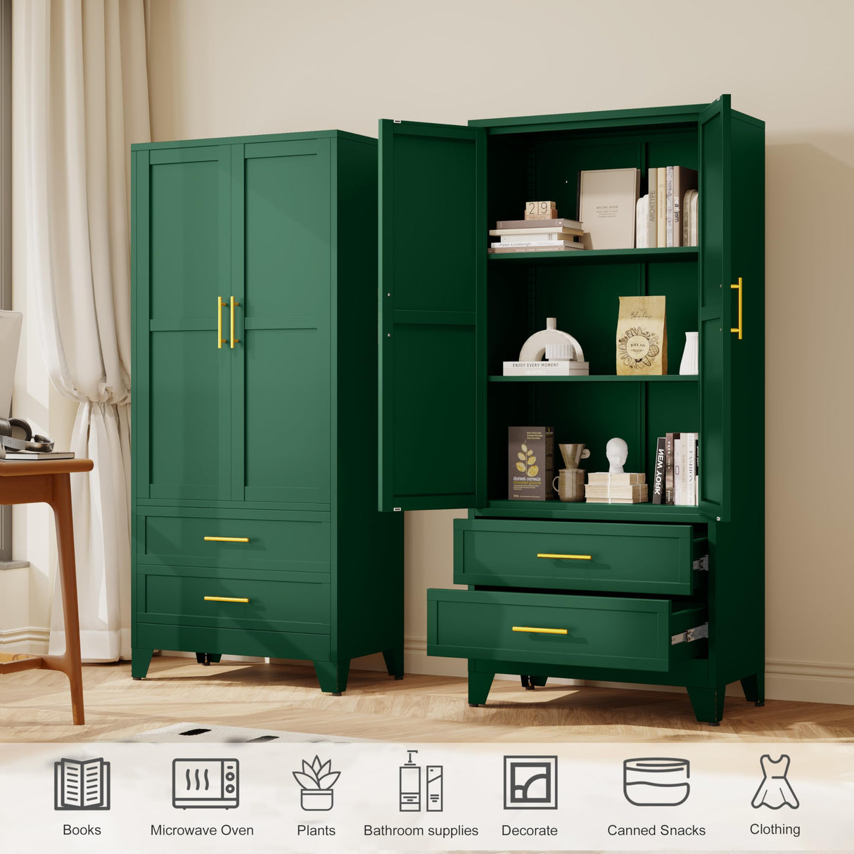 GAIOUS Steel Pantry Cabinet, 71" Metal Storage Cabinets with 2 Doors, 2 Adjustable Shelf and 2 Drawers, Freestanding Storage Cabinet for Bedroom, Kitchen, Living Room, Home Office (Green) GAIOUS