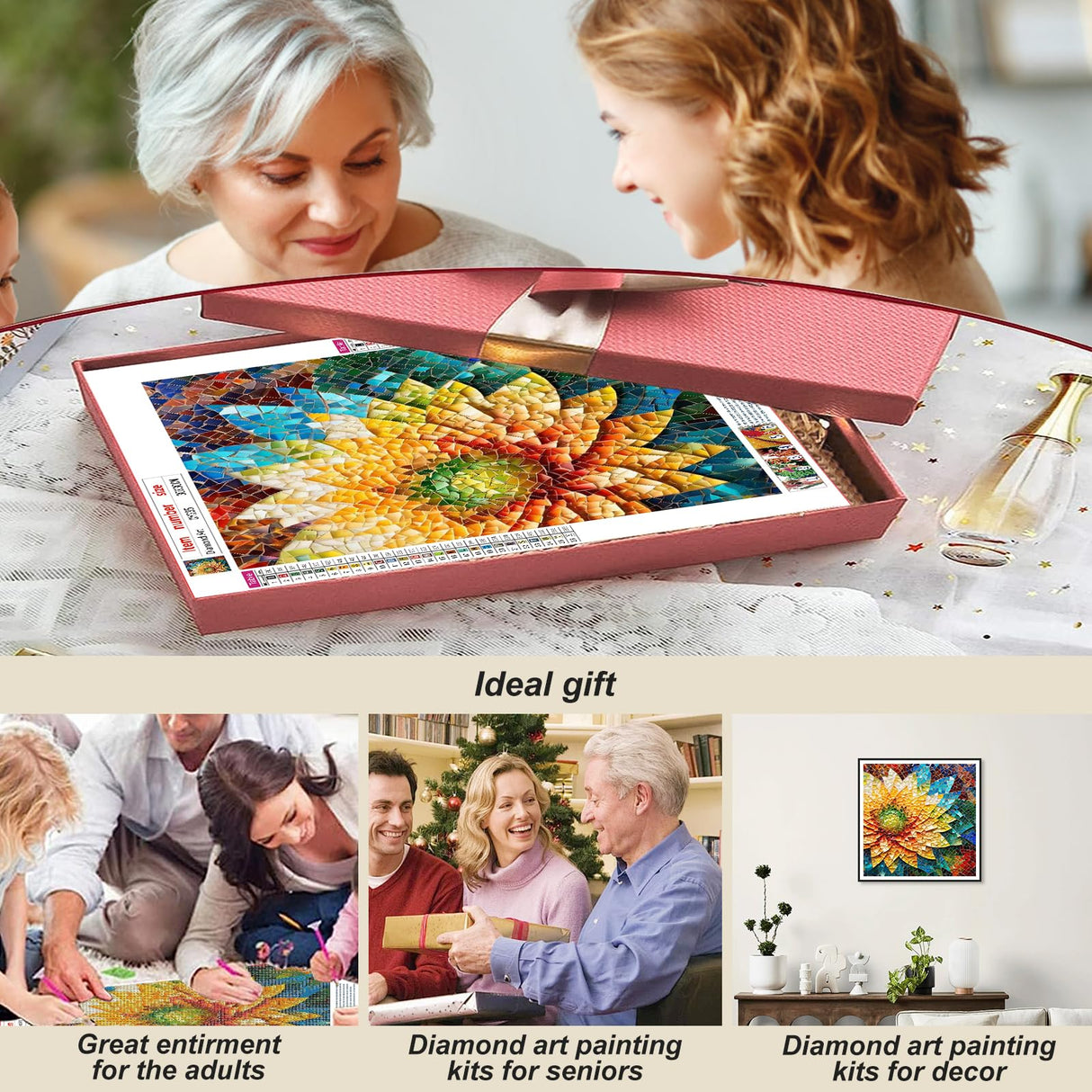 Stalente Diamond Painting Kits for Adults, 5D DIY Diamond Art Kits for Beginners Round Full Drill Diamond Painting for Home Wall Decoration Gift 12×12inch, Glass Shard Flower Stalente