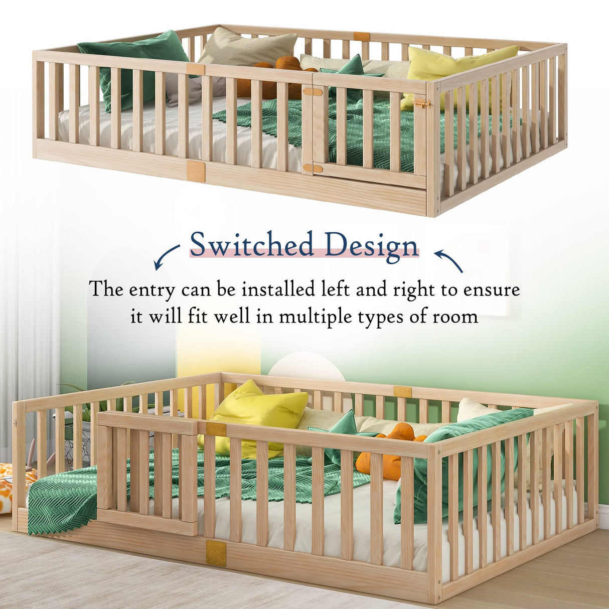 Tatub Full Montessori Floor Bed with High Rails, Solid Wood Montessori Bed Frame for Kids, Door Can Install Left and Right, Full-Nature Tatub