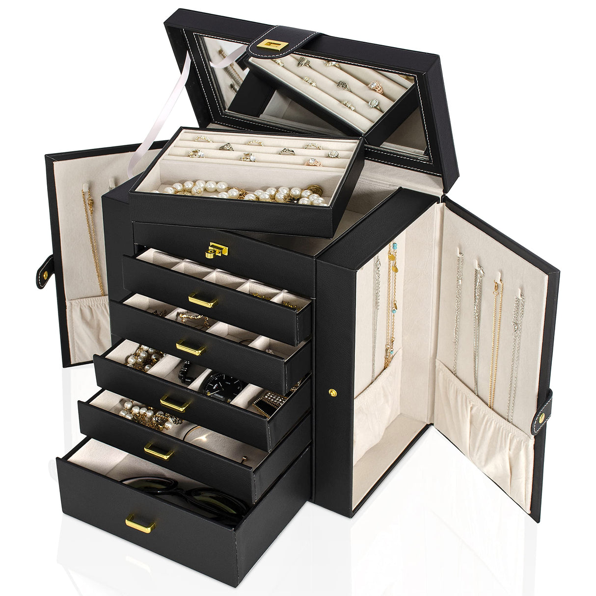 AKOZLIN Huge Jewelry Box Organizer Functional Lockable, Large Leather Jewelry Storage Case for Women Girls Ring Necklace Earring Bracelet Holder Organizer with Mirror AKOZLIN