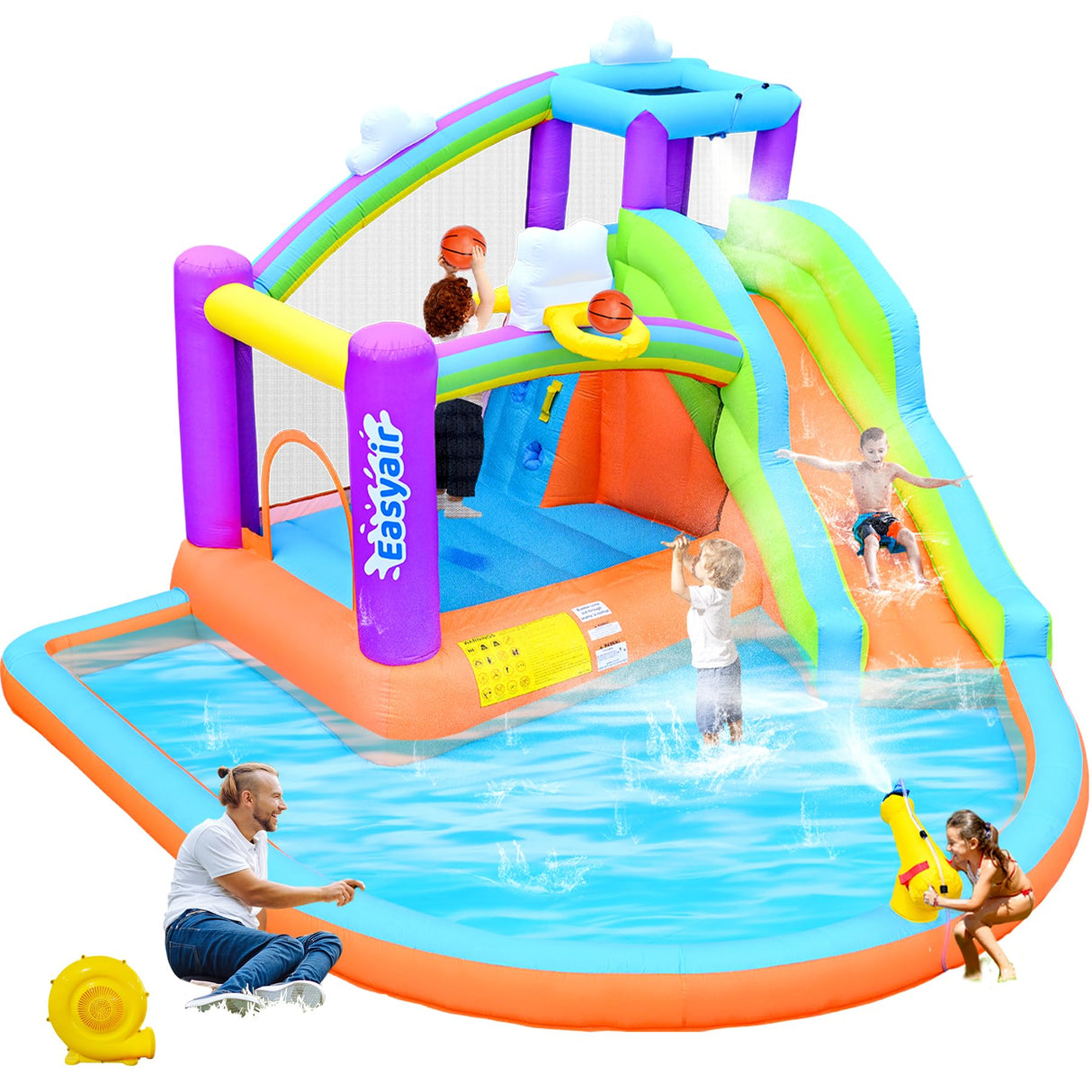 Easyair Inflatable Bounce House Water Slide for Kids, Rainbow Cloud Splash Pool, Indoor Or Outdoor Bouncy Castle, Climbing Wall, 2 Basketball Hoops, Jumper Included 470W Blower Easyair