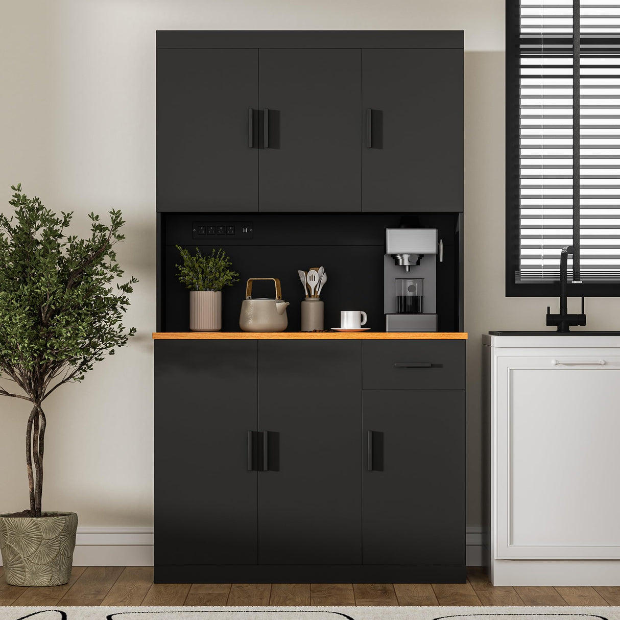 DIYART Black Kitchen Pantry Cabinet, 71" Tall Kitchen Storage Cabinet with Power Outlet, Freestanding Kitchen Hutch with countertop DIYART