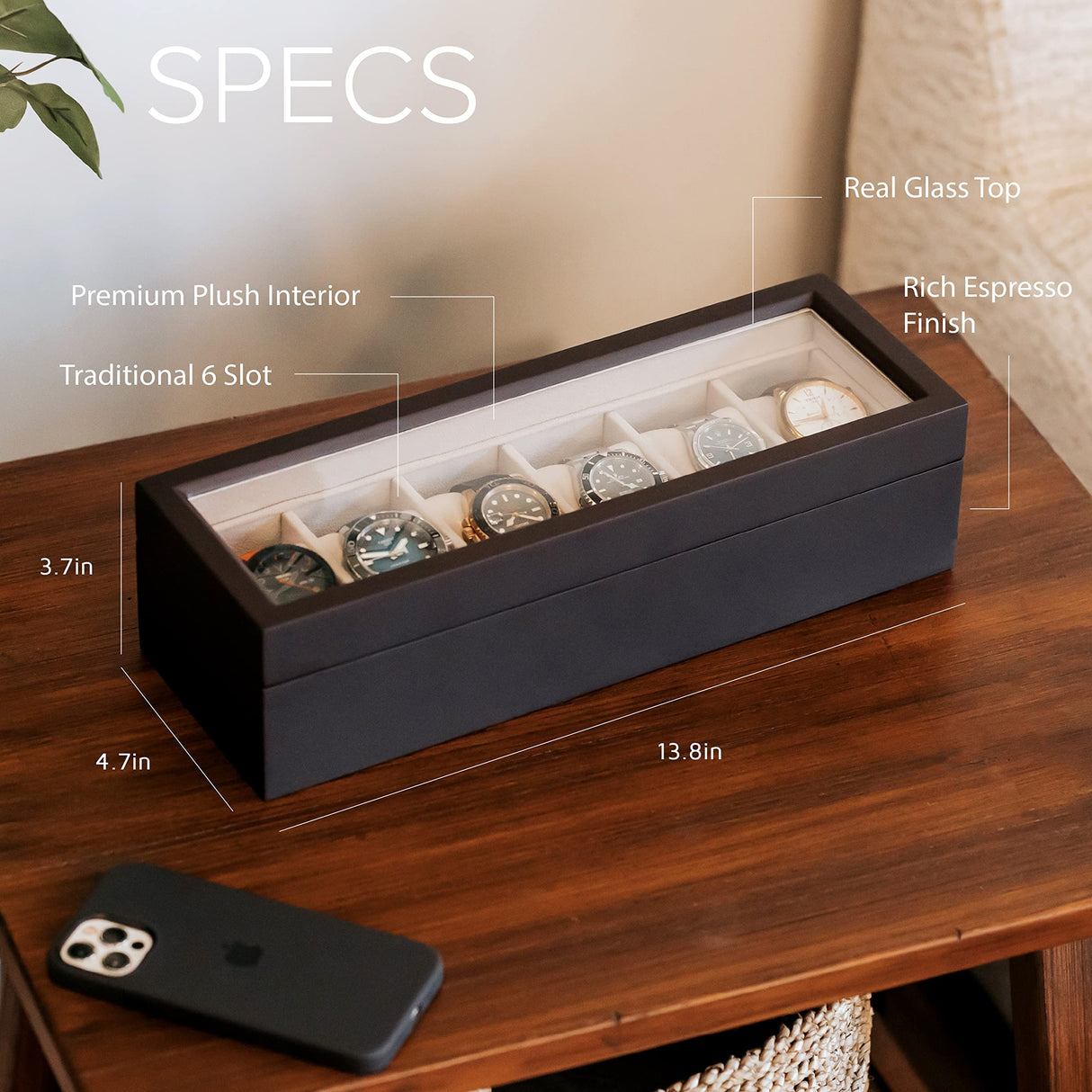 CASE ELEGANCE Solid Espresso Wood Watch Box Organizer with Glass Display Top CASE ELEGANCE