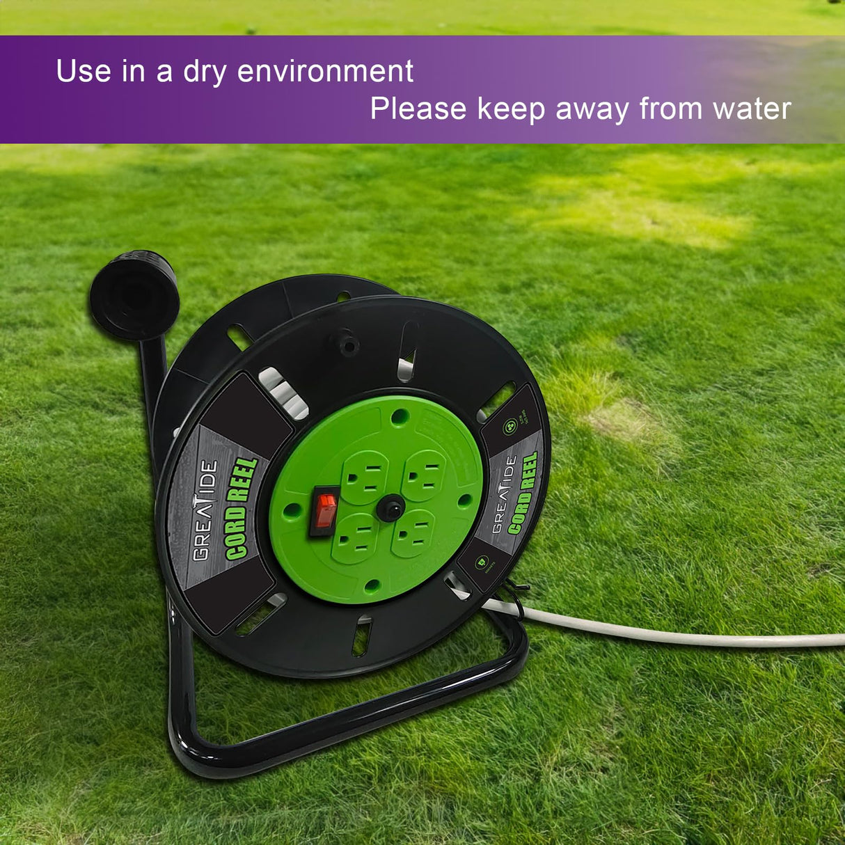 GREATIDE Heavy Duty Extension Cord Storage Reel with 4Grounded Outlets, 10A Circuit Breaker, Retractable Hand Wind, Portable Empty Hand Crank Open Cord Reel for 12/3 14/3 16/3 Gauge Power Cord, Green GREATIDE