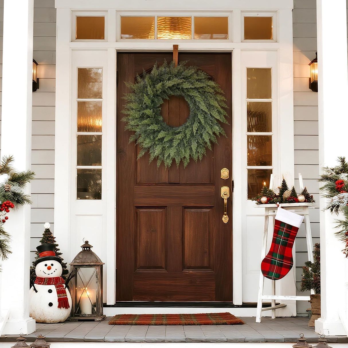 24" Real Touch Artificial Cedar Wreath - Faux Christmas Wreaths for Front Door,Faux Pine Green Wreath for Home, Holiday, Fireplace, Mantle,Wall, Windows, Xmas, Outdoor Decoration FOTEEWL