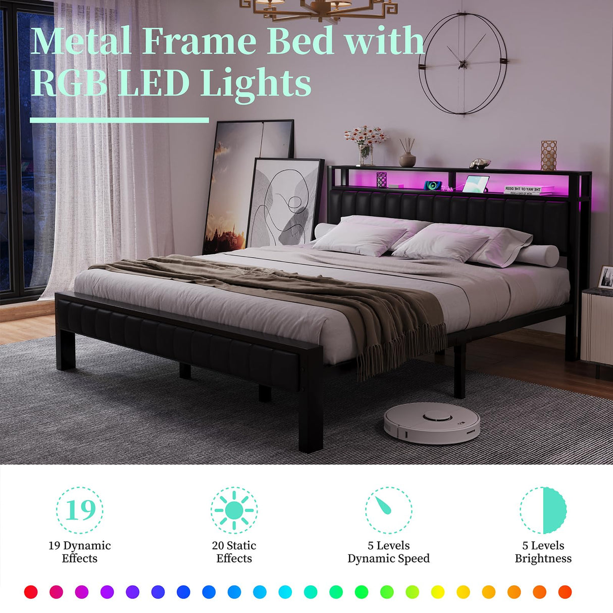 LUXOAK Rustic Brown King Size Metal Bed Frame with LED Light and PU Leather Headboard, Charging Station & 2-Tier Storage LUXOAK