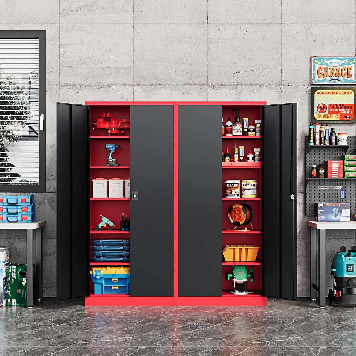 Fesbos Metal Storage Cabinet-72” Tall Steel File Cabinets with Lockable Doors and Adjustable Shelves-Black&Red Steel Storage Cabinet for Kitchen, Office, Garage Fesbos