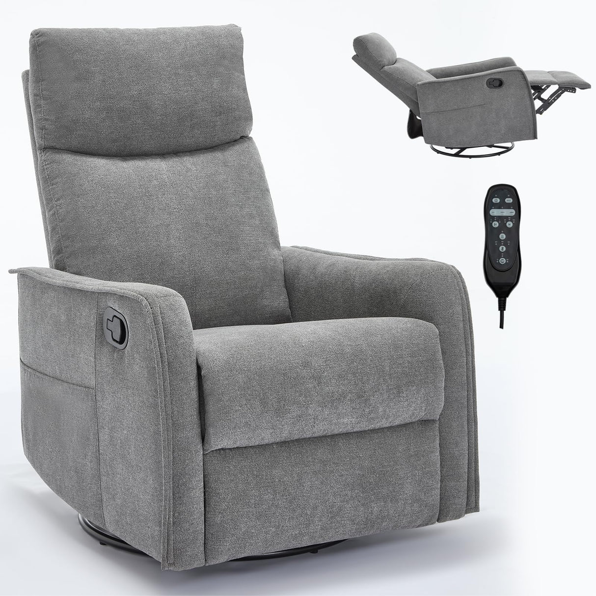 Curtainboro Swivel Rocker Recliner Chair with Heat and Massage, 360° Swivel Recliner Upholstered Fabric Nursery Glider with Side Pocket for Living Room, Bedroom, Home Theater Grey Curtainboro