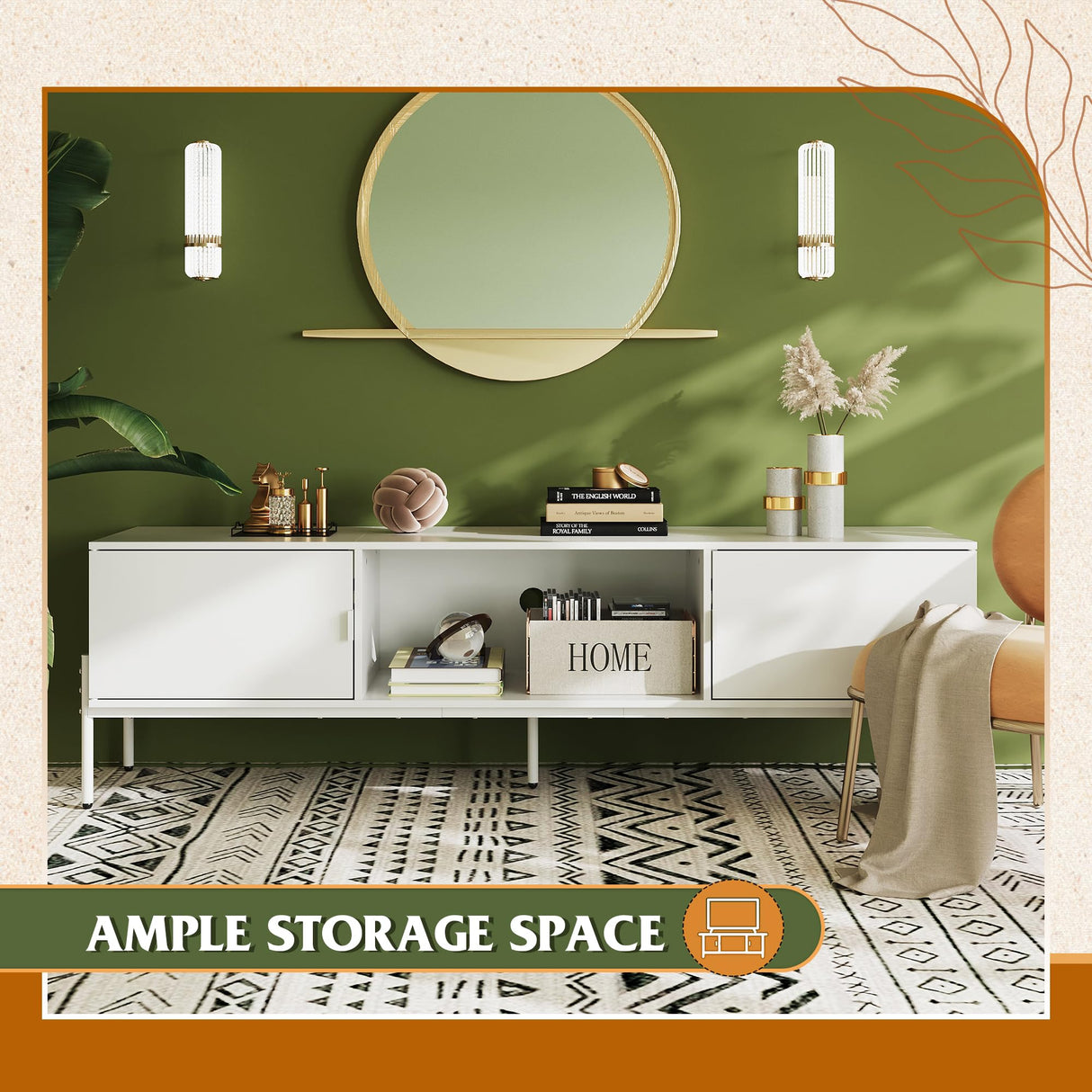 WLIVE Modern TV Stand for 65 Inch TV, Mid Century Entainment Center with Storage, TV Console with Open Shelf and 2 Cabinets for Bedroom and Living Room, TV Cabinet with Metal Legs, White WLIVE