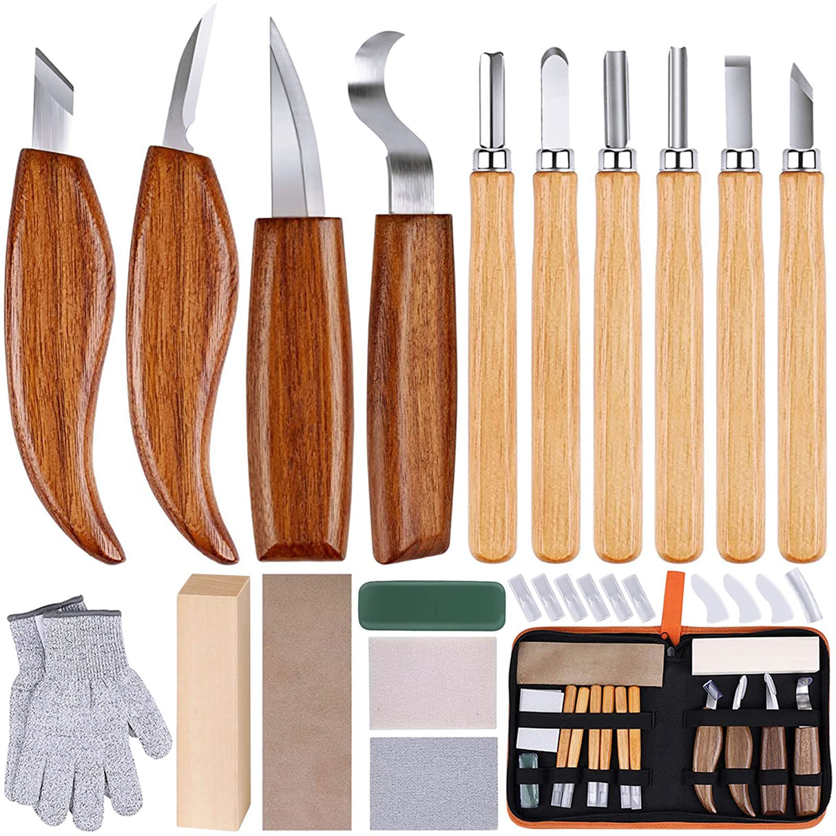 26-in-1 Wood Carving Kit with Detail Wood Carving Knife, Whittling Knife, Wood Chisel Knife, Gloves, Carving Knife Sharpener for Spoon, Bowl, Kuksa Cup (26PCS) Olerqzer