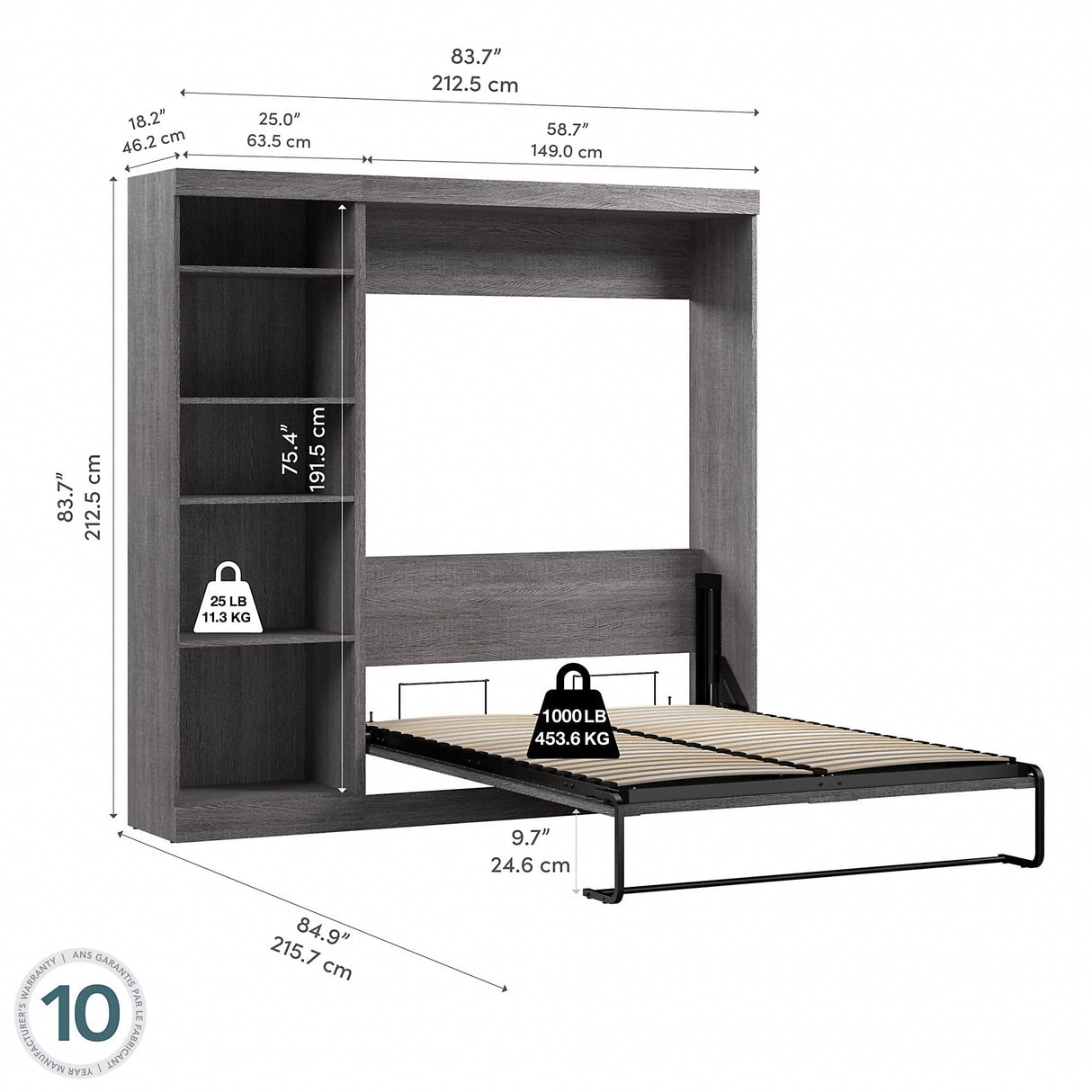 Bestar Pur Full Murphy Bed with Shelving Unit, 84-inch Space-Saving Wall Bed for Multipurpose Room Bestar