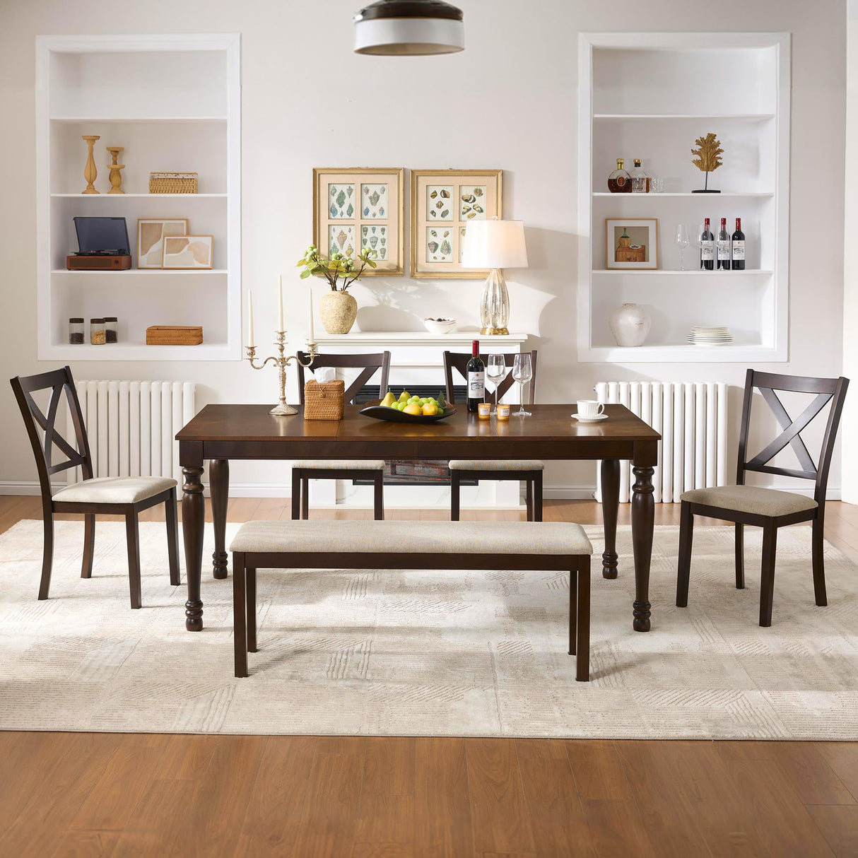 AMERLIFE 6 Piece Farmhouse Dining Table Set, 71'' Solid Wood Table with Upholstered Chairs & Bench, Seating for 6, for Kitchen or Dining Room, Brown & Black AMERLIFE