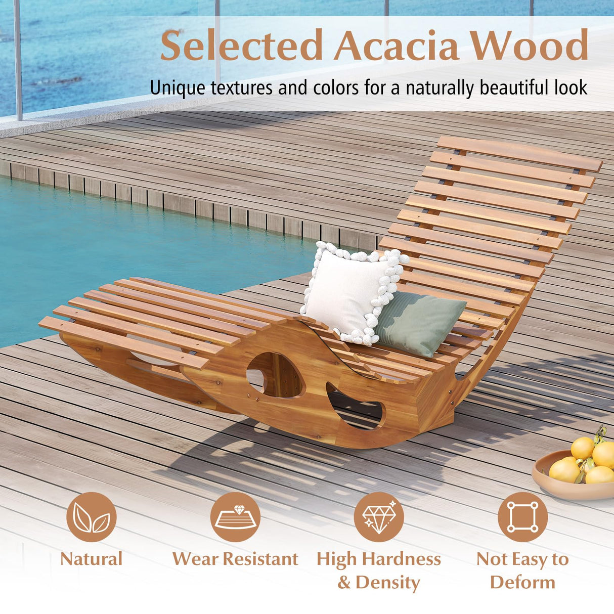 Giantex Acacia Wood Outdoor Rocking Chair, Patio Lounge Chair with Ergonomic Curved & Slatted Seat, High Back, Bottom Stopper, Outside Chaise Lounge, 63”x23.5”x26” Pool Lounger for Porch, Yard (1) Giantex