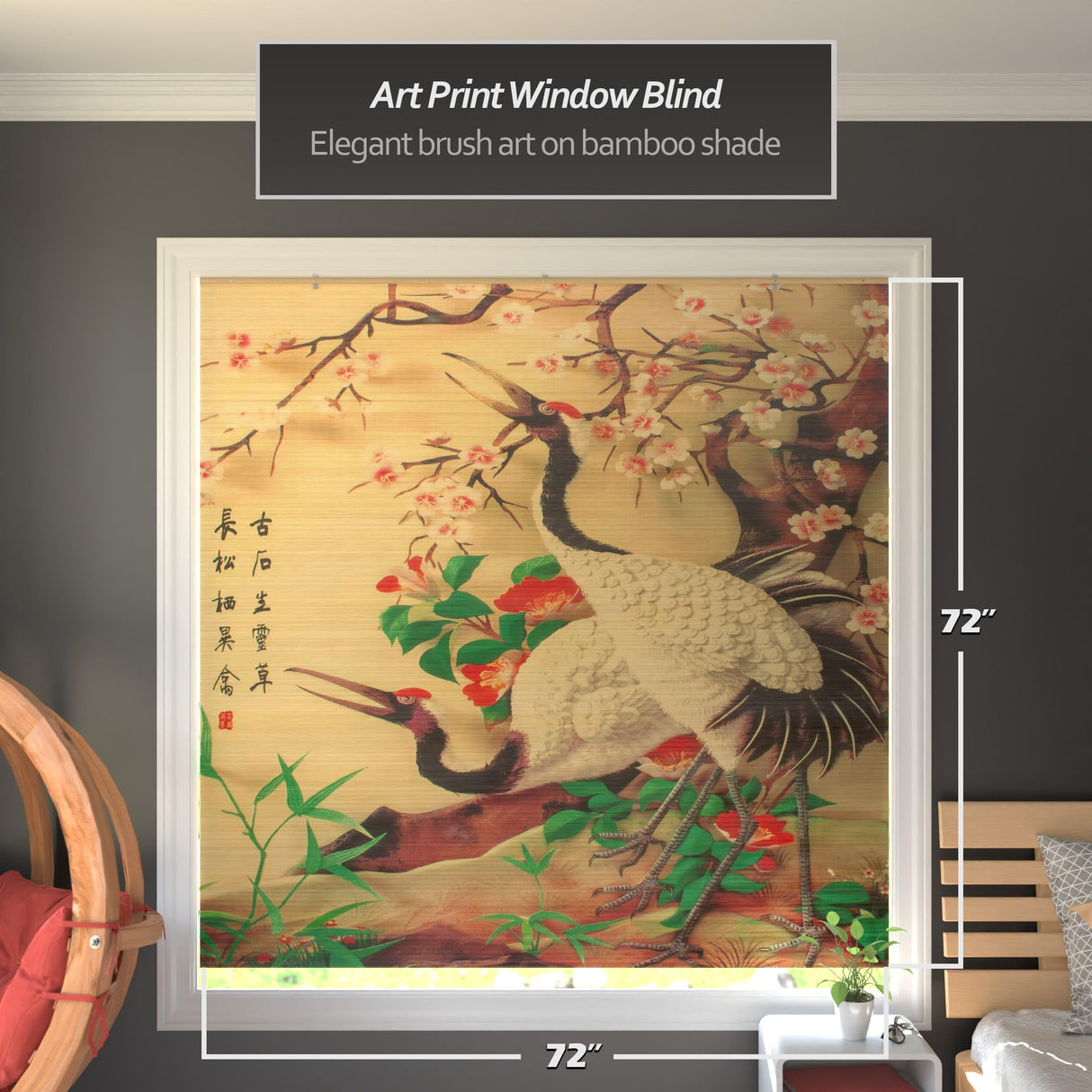 Red Lantern Bamboo Window Shade Blind - Red-Crowned Cranes 72" Wide Red Lantern