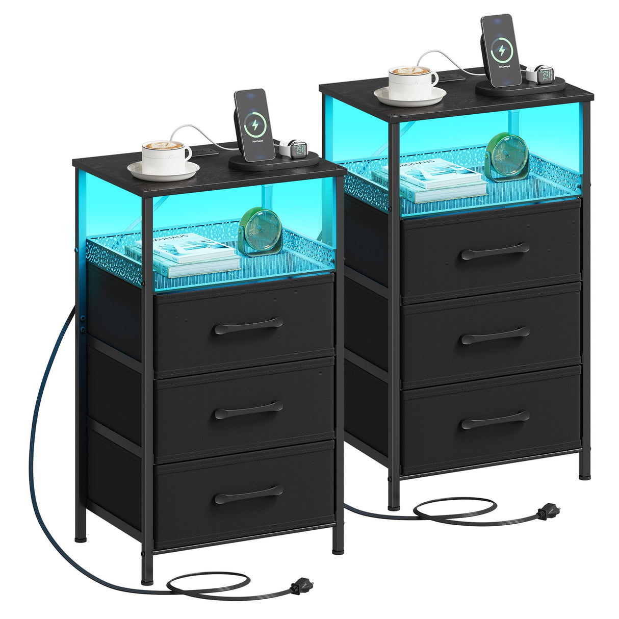 JARHETUN End Table with Charging Station and LED Light, Side Table with USB Ports and Outlets, LED Nightstand Set of 2, Bedside Tables with 3 Fabric Drawers, Black JARHETUN