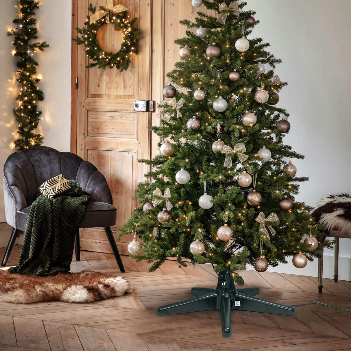 Rotating Christmas Tree Stand, 360 Degree Spinning Christmas Tree Stand for Up to a 7.5Ft, 70 Pound Artificial Christmas Tree,Adjustable Revolving Christmas tree stand for 3 trunk diameters,Dark Green Aierden