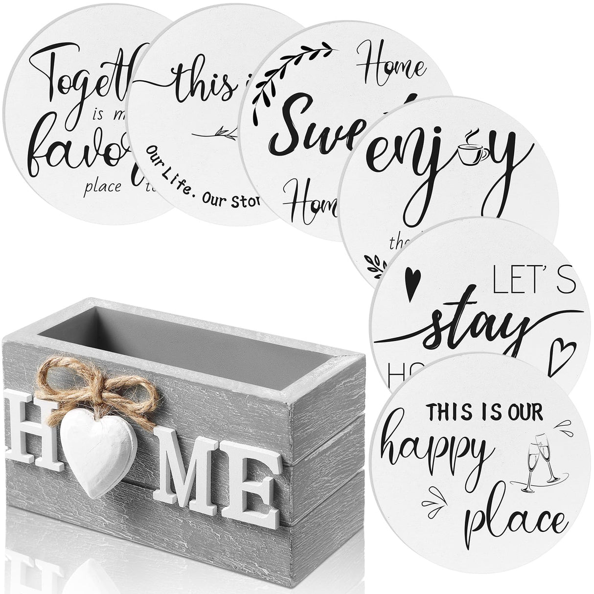 Queekay Housewarming Gifts for Home Decoration Wooden Heart Coasters for Drinks 6 Set Farmhouse Coasters with Holder Funny for Family Coffee Table Protection, 4''(Gray, White) Queekay