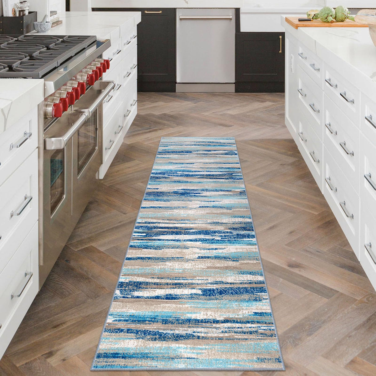 Lansny Modern Abstract Runner Rug 2x6, Blue Washable Kitchen Runner Non-Slip Soft Hallway Rug Runner Thin Print Faux Wool Carpet for Entryway Bedroom Laundry Room Indoor Home Decor Lansny