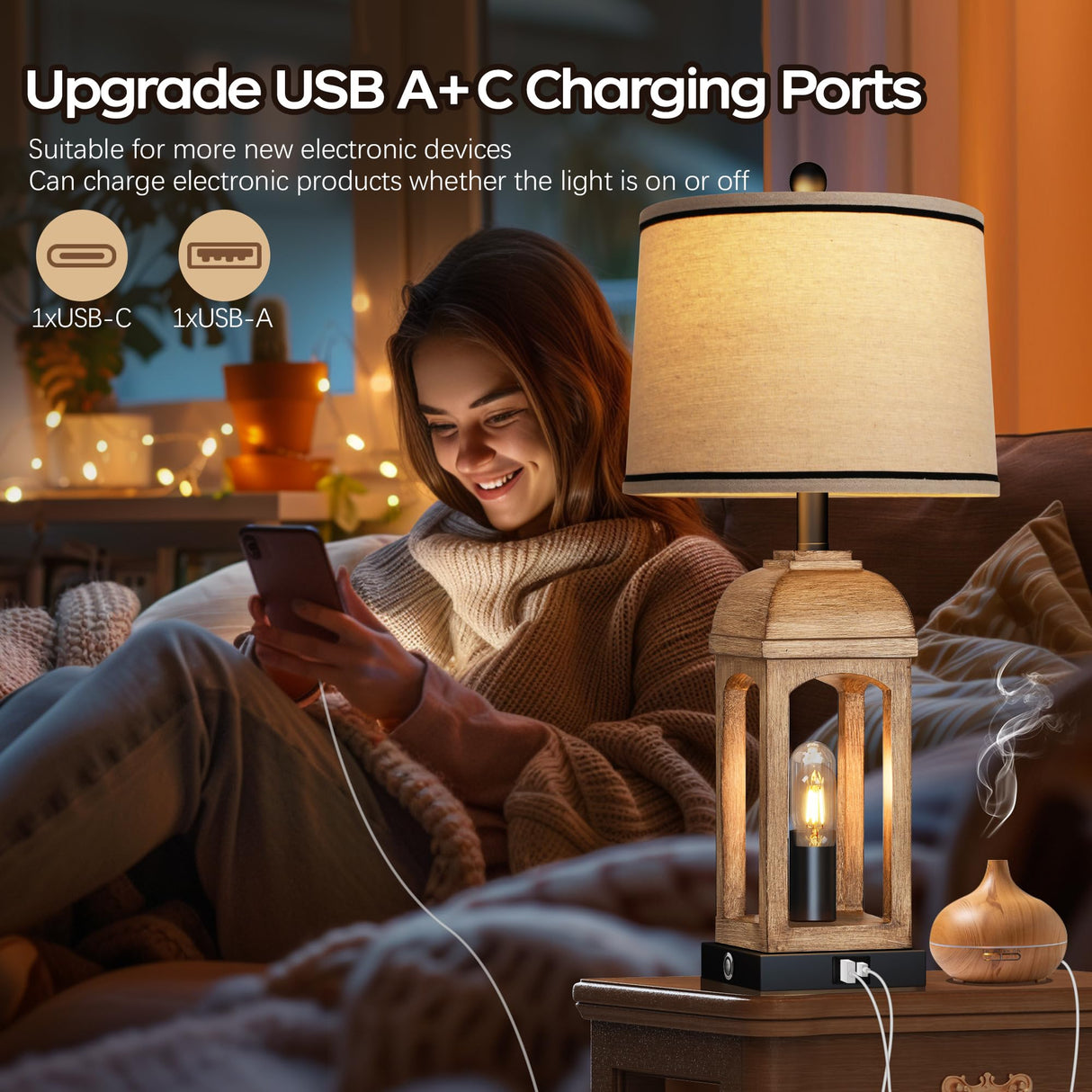 QiMH Table Lamp for Living Room, Farmhouse Lamps Set of 2 with USB A+C and Nightlight, 26" Rustic Bedside Lamps with 3-Way Dimmable Touch Control, Nightstand Lamp for Bedroom Decor, Wood Grain QiMH
