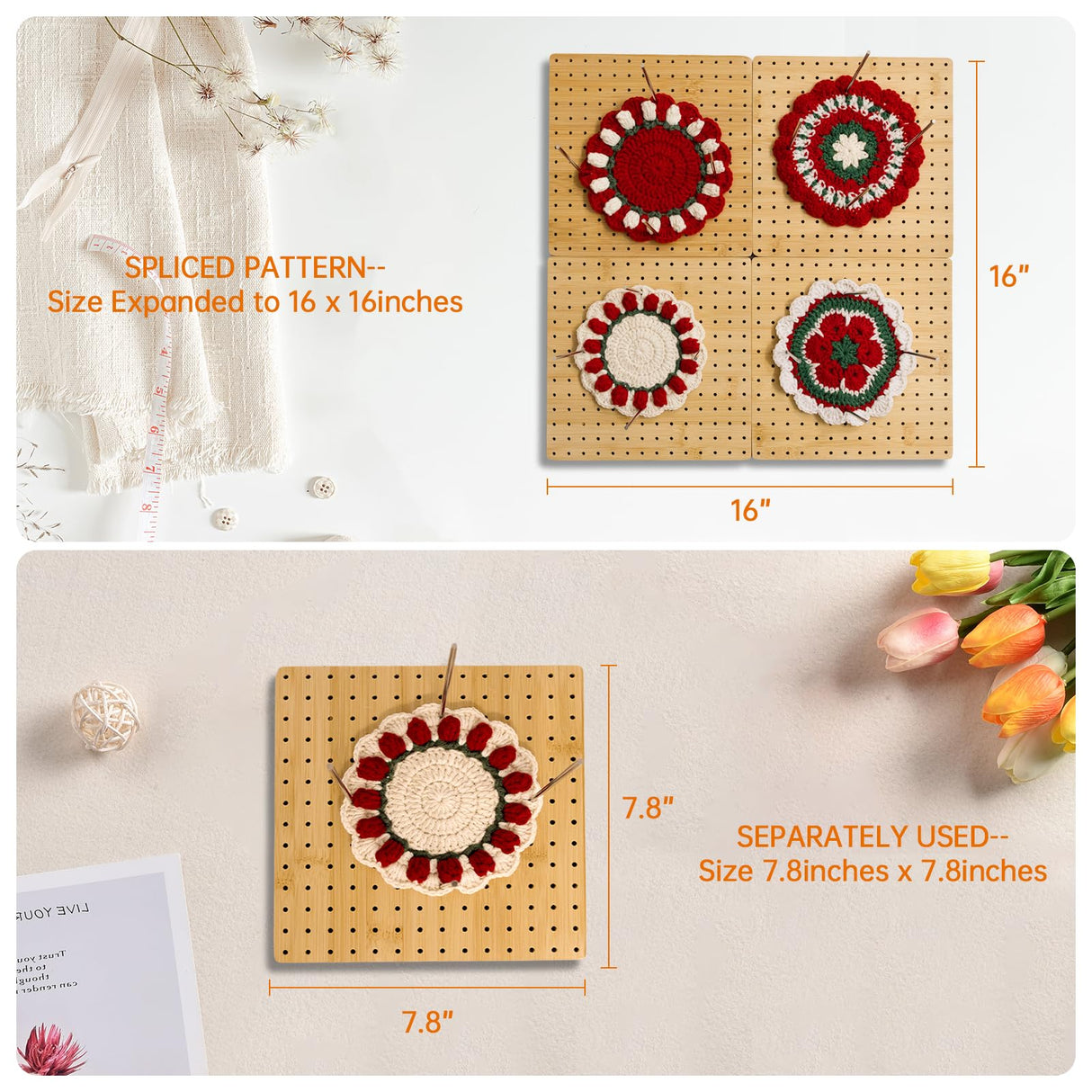 16 x 16 Inches Crochet Blocking Board 4 in 1 - Magnetic Splicing Large Size Granny Square Blocking Board Mats for Knitting & Crochet Projects with 15 Stainless Steel Pegs, Gifts for Mom, Grandmothers Adnkwolivt