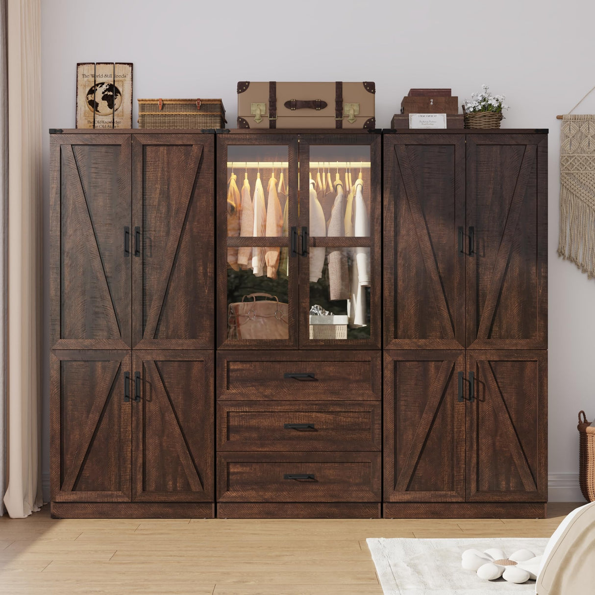 Hlivelood 75" Tall Farmhouse 6 Doors Armoire Wardrobe Closet with 3 Drawers and LED,Freestanding Closet Wardrobe Cabinet for Bedroom with Hanging Rod,Wooden Armoire Storage Cabinet(Brown 6 Doors 1) Hlivelood