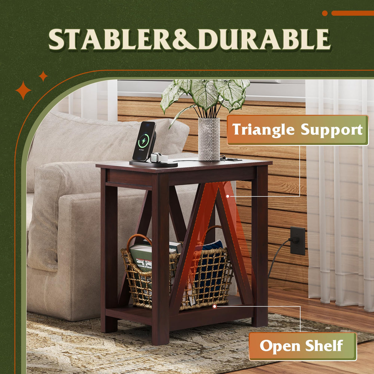 WLIVE Narrow End Table with Charging Station of Open Storage Shelf,Sofa Side Table with 2 USB Ports and 2 Power Outlets,Slim Farmhouse End Table for Small Spaces,Bedroom, Living Room, Espresso WLIVE