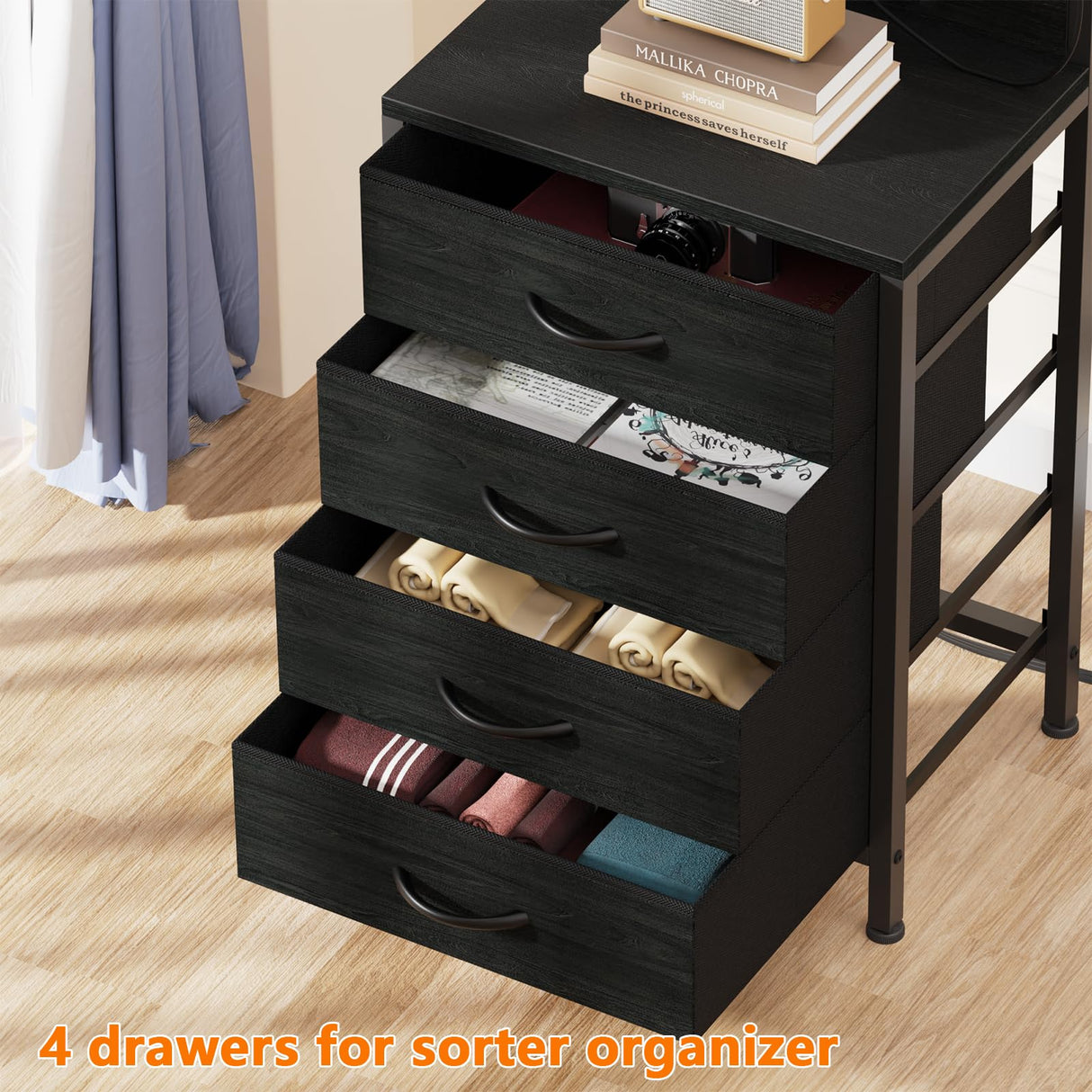 Furnulem Tall Nightstand with 4 Drawers, Night Stand with LED Lights and Charging Station, Bedside Table with Storage Shelves, End Side Table for Bedroom, Office (Black Oak) Furnulem