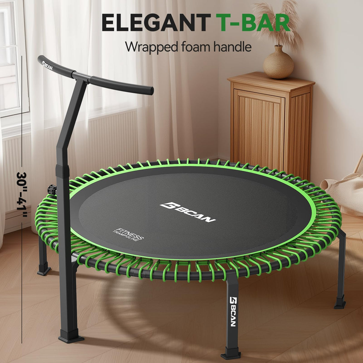 BCAN 560 LBS Soft Land Mini Trampoline, 48" Fitness Trampoline, 1 Sets of Bungees, T Shape Adjustable Foam Handle, Stable, Quiet Exercise Rebounder for Kids Adults Indoor/Garden Workout-48IN-1-GREEN BCAN