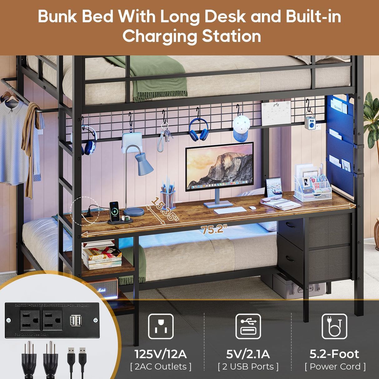 DICTAC Full Over Twin Bunk Bed with Desk and Charging Station Metal Full Size Over Twin Loft Bed with Led Lights & Storage Shelves and Drawers for Teen,Safety Guard & Stairs,No Box Spring Needed,Black DICTAC