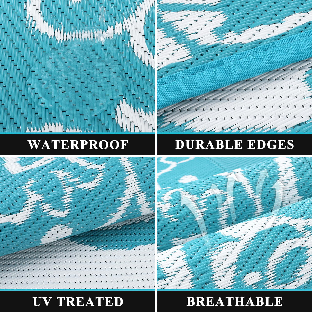 Pauwer Waterproof Outdoor Rug 5x8, Reversible Plastic Straw Patio Camping Rug, Indoor Outdoor RV Mat Carpet for Deck, Camper, Porch, Balcony, Backyard, Picnic, Boho Teal Pauwer
