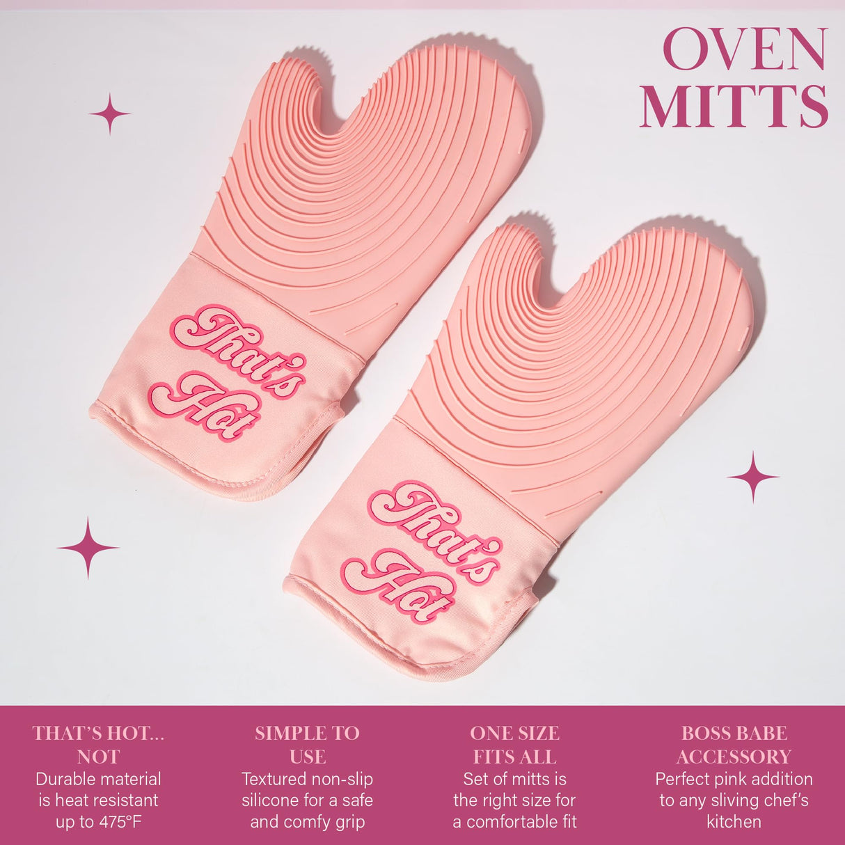 Paris Hilton Oven Mitt Set with Iconic That's HOT Design, Heat Resistant Pot Holders Featuring Non-Slip Textured Silicone Grips, 2-Piece Set, Pink Paris Hilton